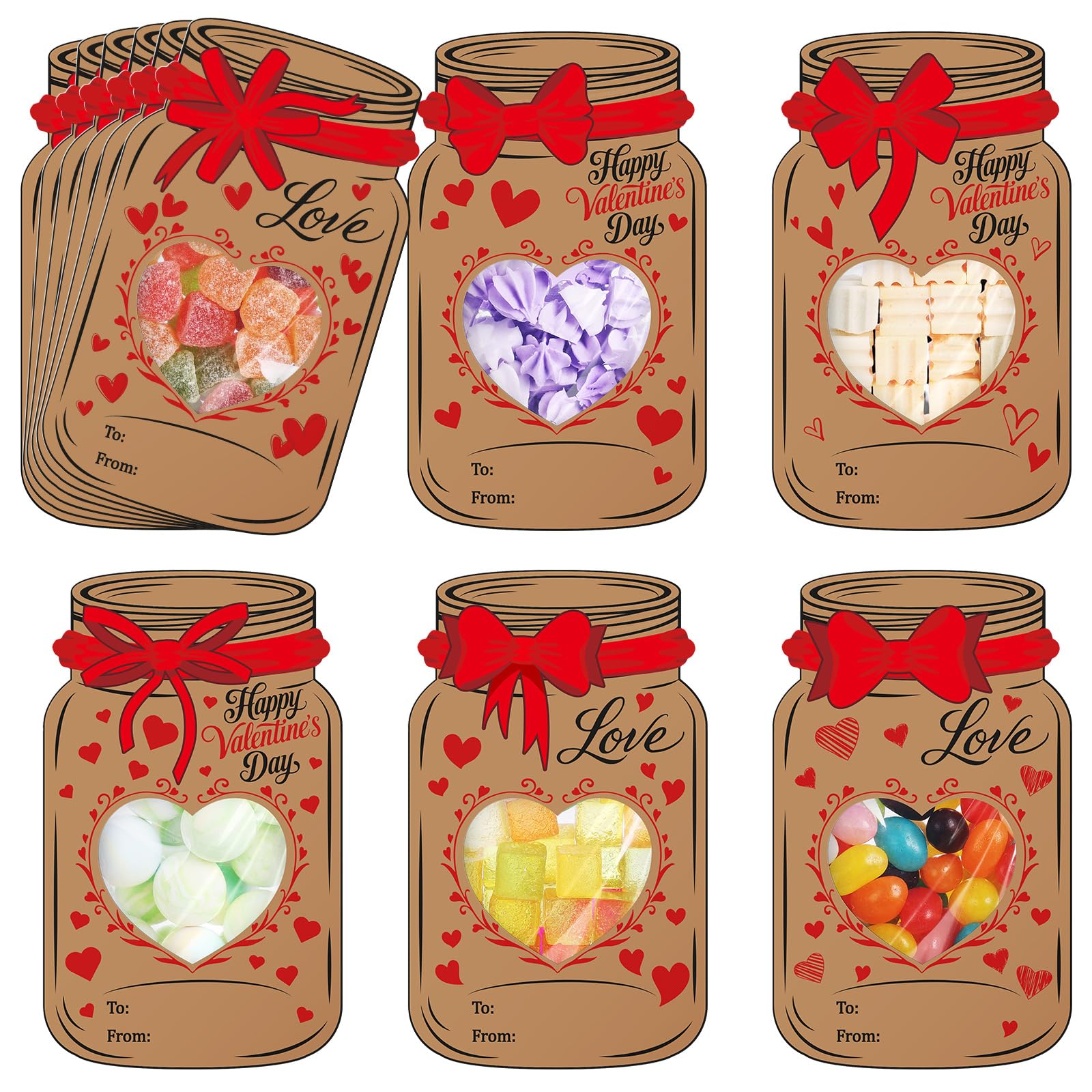 Honeydak 48 Set Valentine's Day Mason Jar Bows Cards Kit with Clear Treat Bags & Adhesive Strips, Happy Valentines Cards, DIY Goodie Bags, Valentines Exchange Card, Party Favors Supplies
