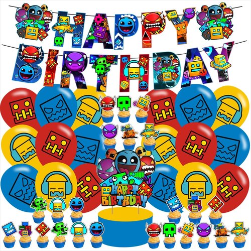 Geometry Dash Birthday Party Supplies Favors for Boys Kids Geometry Dash Birthday Party Decorations Including Banner Cake Cupcake Toppers Ballons