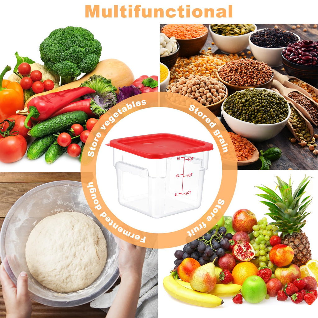 Ziliny 3 Sets 6 Qt Square Food Storage Containers with Lids Dough Proofing Bucket Commercial Polycarbonate Containers with Scale Clear Airtight Cereal for Pantry Home Restaurant (Red)