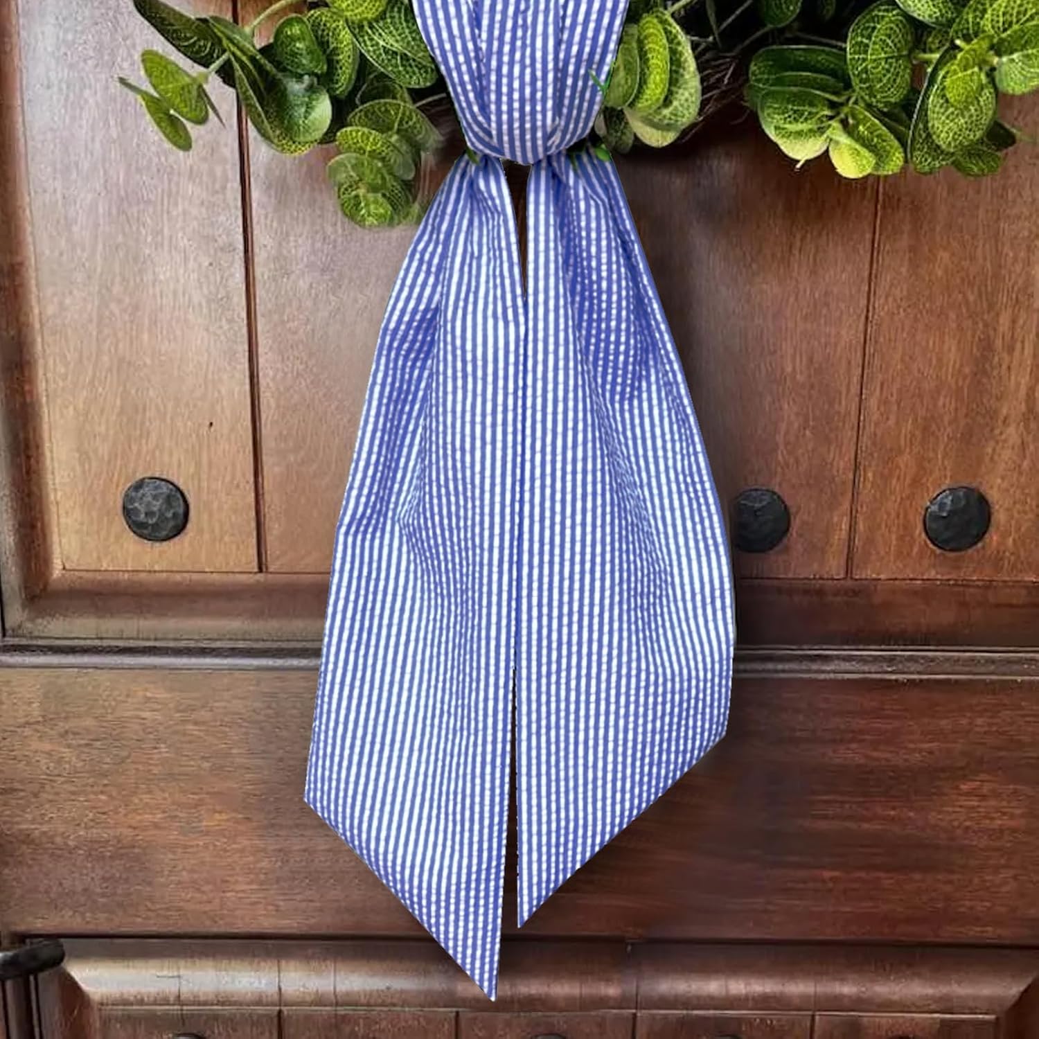Skiennix Christmas Wreath Sash - Jean Blue Seersucker Holiday Decor for Front Door & Baby Showers