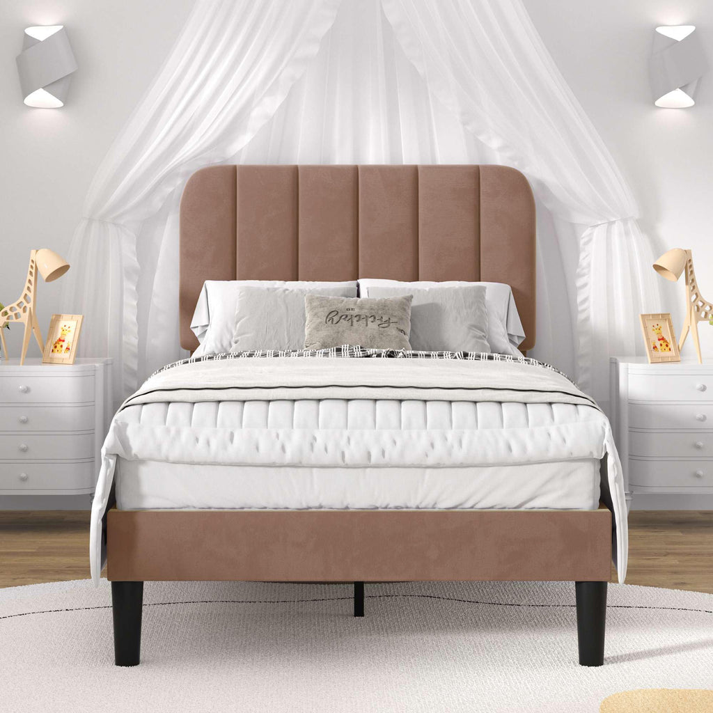 VECELO Twin Size Bed Frame with Upholstered Headboard, Velvet Platform Bedframe Mattress Foundation, Strong Wood Slat Support, No Box Spring Needed,Warm Brown