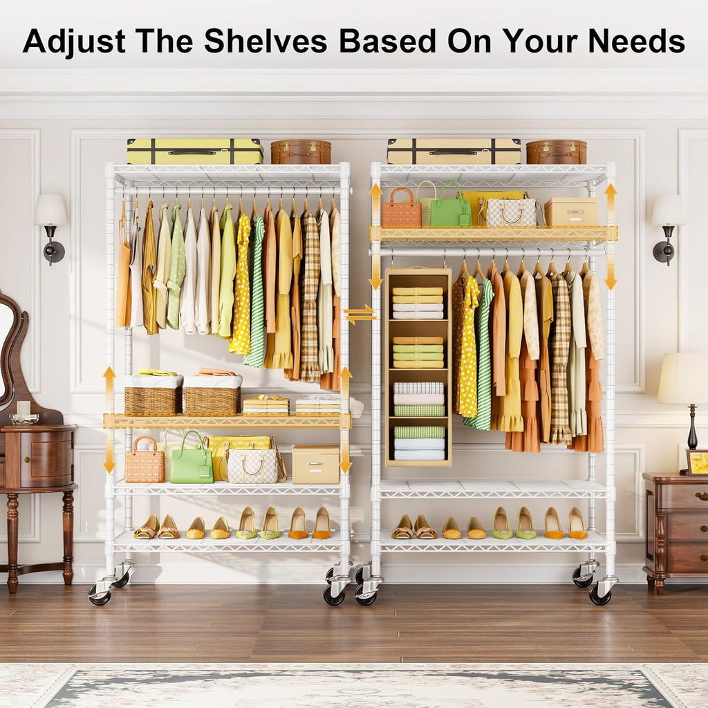 ULIFHOME P9 Heavy-Duty Rolling Clothes Rack - 4-Tier Portable Metal Closet with Wheels | 35.5" L x 15.8" W x 80.5" H, 445 LBS Capacity, White