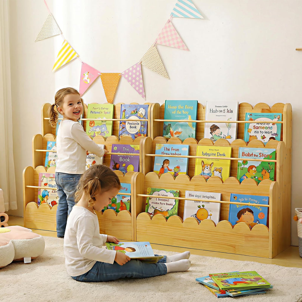 Amdermi Scalloped Design | 3-Tier Montessori Solid Wood Kids Bookcase | 29.6" Wide Toddler Storage Shelf | Easy Access Floor Display Furniture for Playroom/Nursery