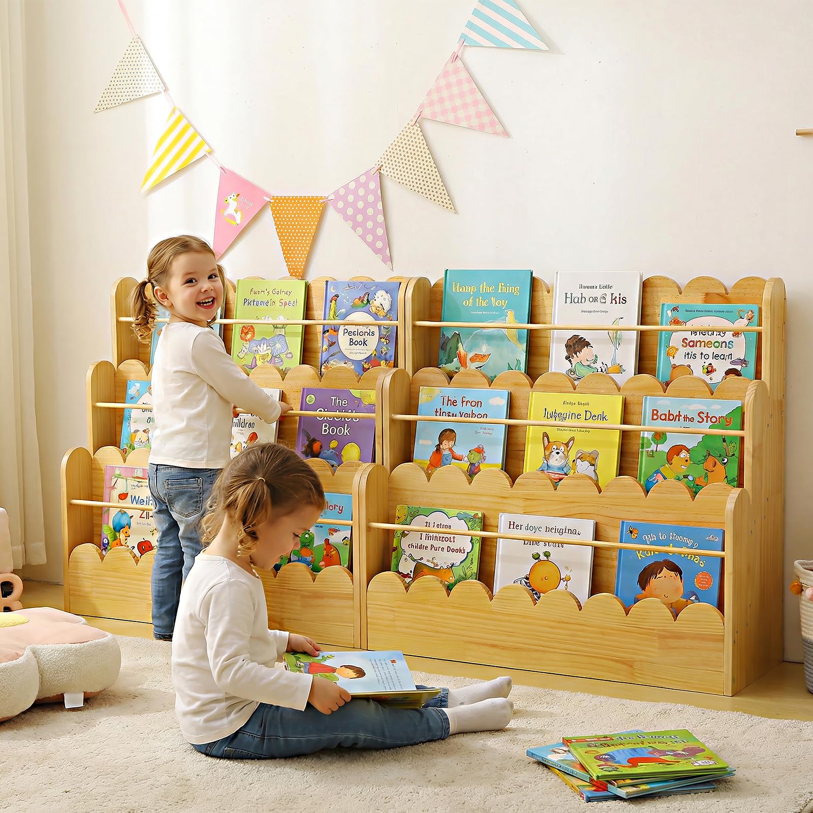 Amdermi Scalloped Design | 3-Tier Montessori Solid Wood Kids Bookcase | 29.6" Wide Toddler Storage Shelf | Easy Access Floor Display Furniture for Playroom/Nursery