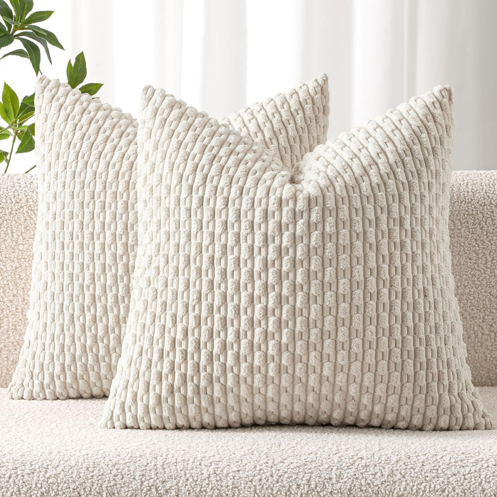 MIULEE Decorative Throw Pillow Covers - Soft Boho Striped Textured Corduroy | 18x18 Inch, Cream White