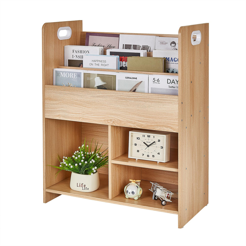VECELO Kids Bookshelf with Toy Storage - Wooden Nursery Organizer for Books & Toys, Easy Assembly Playroom Shelf (Teak)