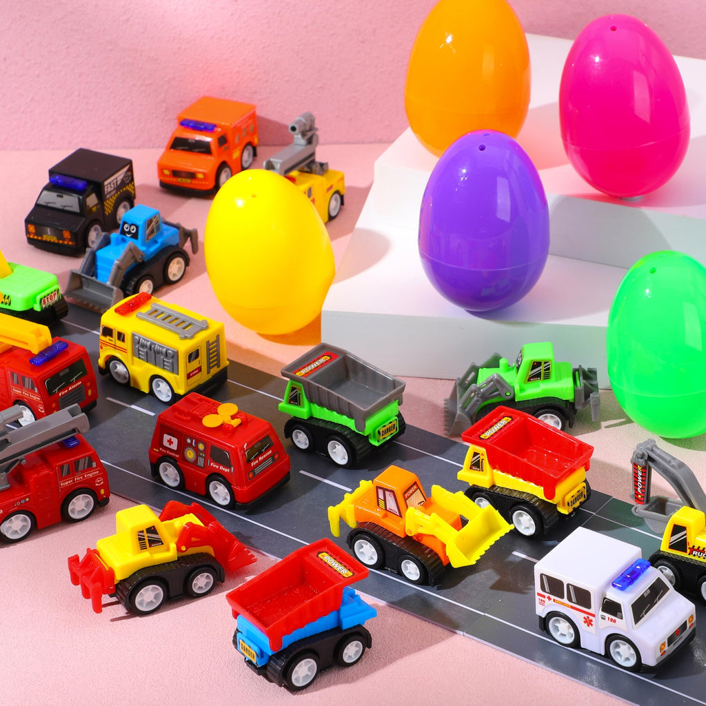 JOYIN 24 Pcs Filled Easter Eggs with Pull Back Construction Cars, Prefilled Easter Egg with Vehicle for Kid Boys, Basket Stuffers/Fillers, Party Favor, Classroom Prize Supplies