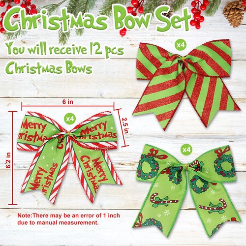 WinPion 12 Pcs Christmas Bows,6 Inch Large Red Green Christmas Wreaths Bows for Tree Gift Wrapping Garland,Holiday Decorations Party Crafts Tree Ribbon Ornaments