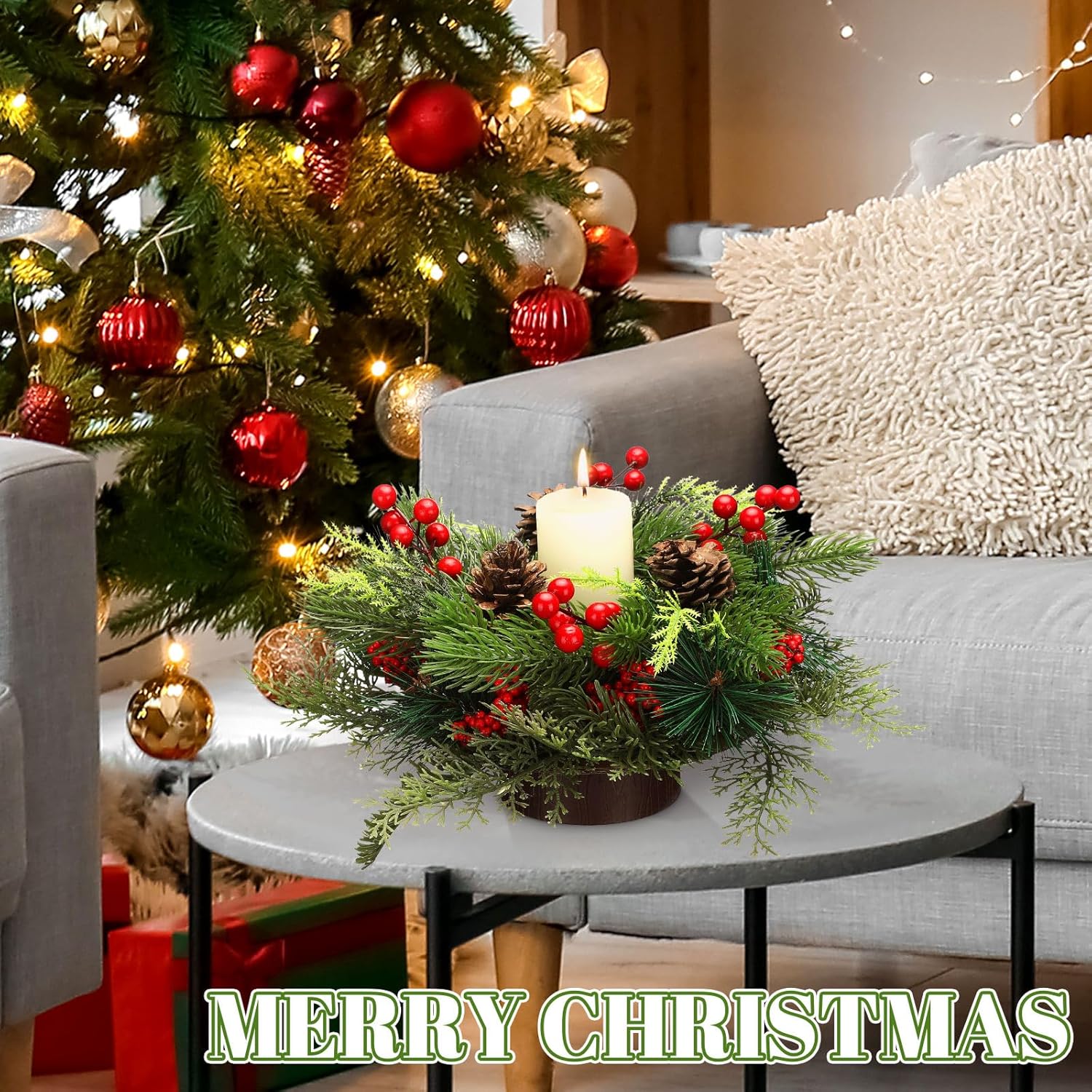 Mumufy Christmas Centerpiece Candle Holder - 12-Inch Mini Tabletop Decoration with Pine Cones & Red Berries