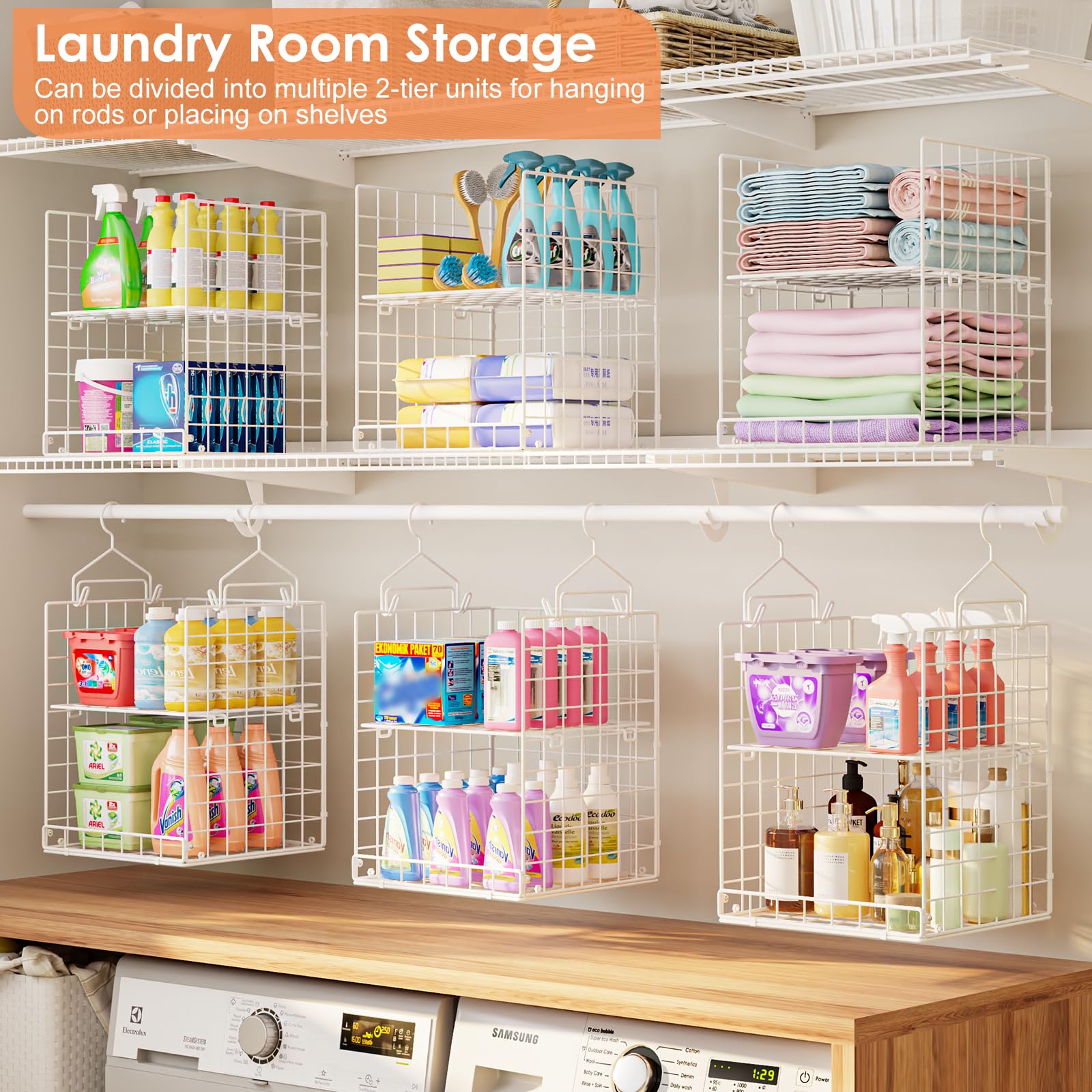 Yuyetuyo 6 Tier Raised-Height Hanging Closet Organizer, Stackable Sweater Organizer for Closet, Wire Storage Basket Bins for Clothes Purse Shoes, Hanging Shelves with 4 Hooks & 3 Dividers Adjustable