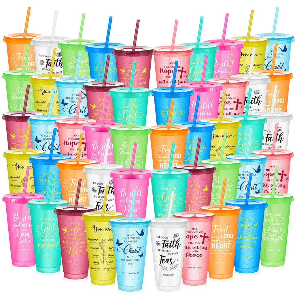 Uiifan 50 Pcs Christian Gifts Cups Bulk for Women, 24oz Bible Verse Christian Tumblers with Lids and Straw, Religious Church Gifts for Mother's Day (Bright Color,Bible)