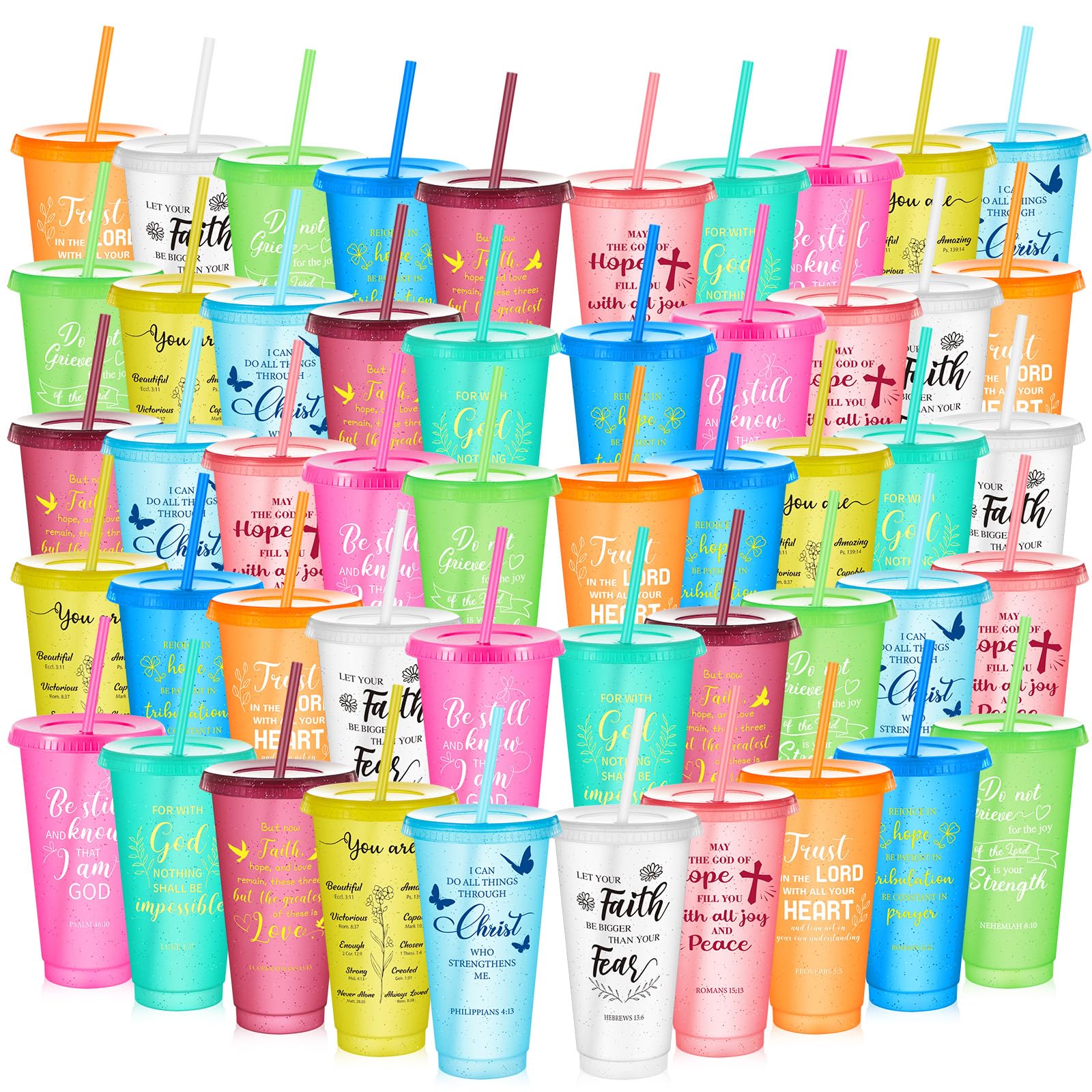 Uiifan 50 Pcs Christian Gifts Cups Bulk for Women, 24oz Bible Verse Christian Tumblers with Lids and Straw, Religious Church Gifts for Mother's Day (Bright Color,Bible)