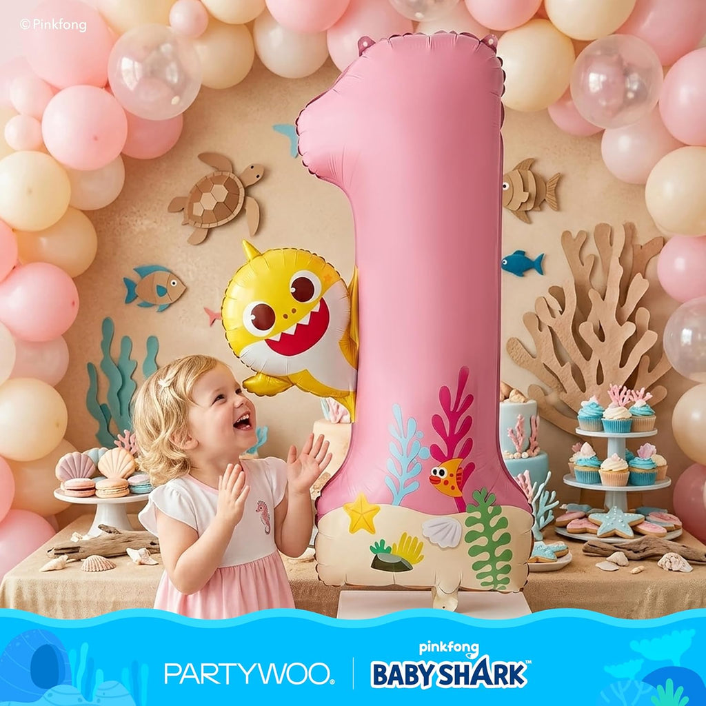 PartyWoo Baby Shark Pink Foil Number 1 Balloon - 40 Inch Mylar Helium Birthday Decoration for Kids