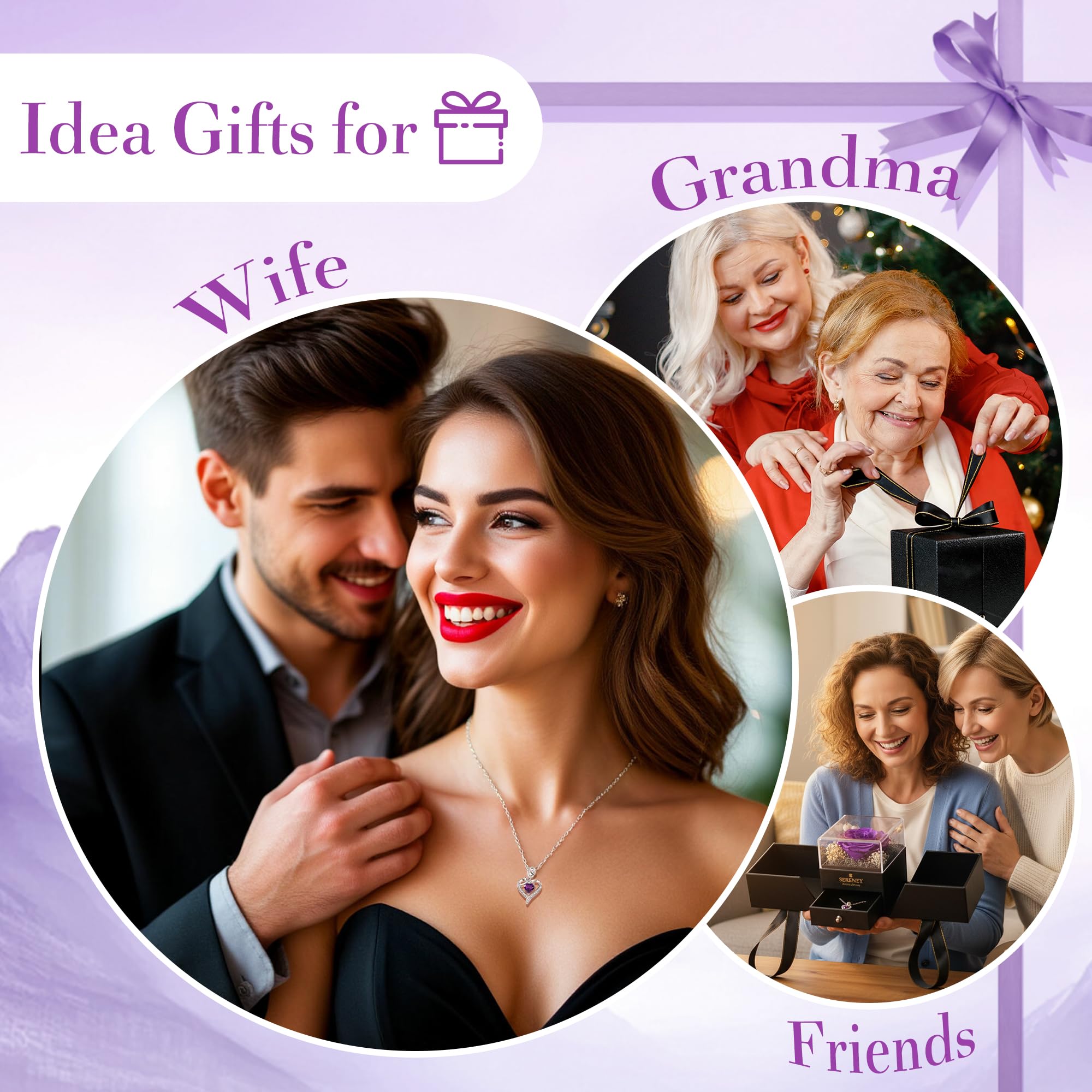 Sereney Preserved Purple Flower Rose with Necklace, Forever Flowers Eternal Rose with Purple Heart Jewelry Mothers Day Gifts for Women Mom Wife Grandma Friend as Christmas Birthday Gifts