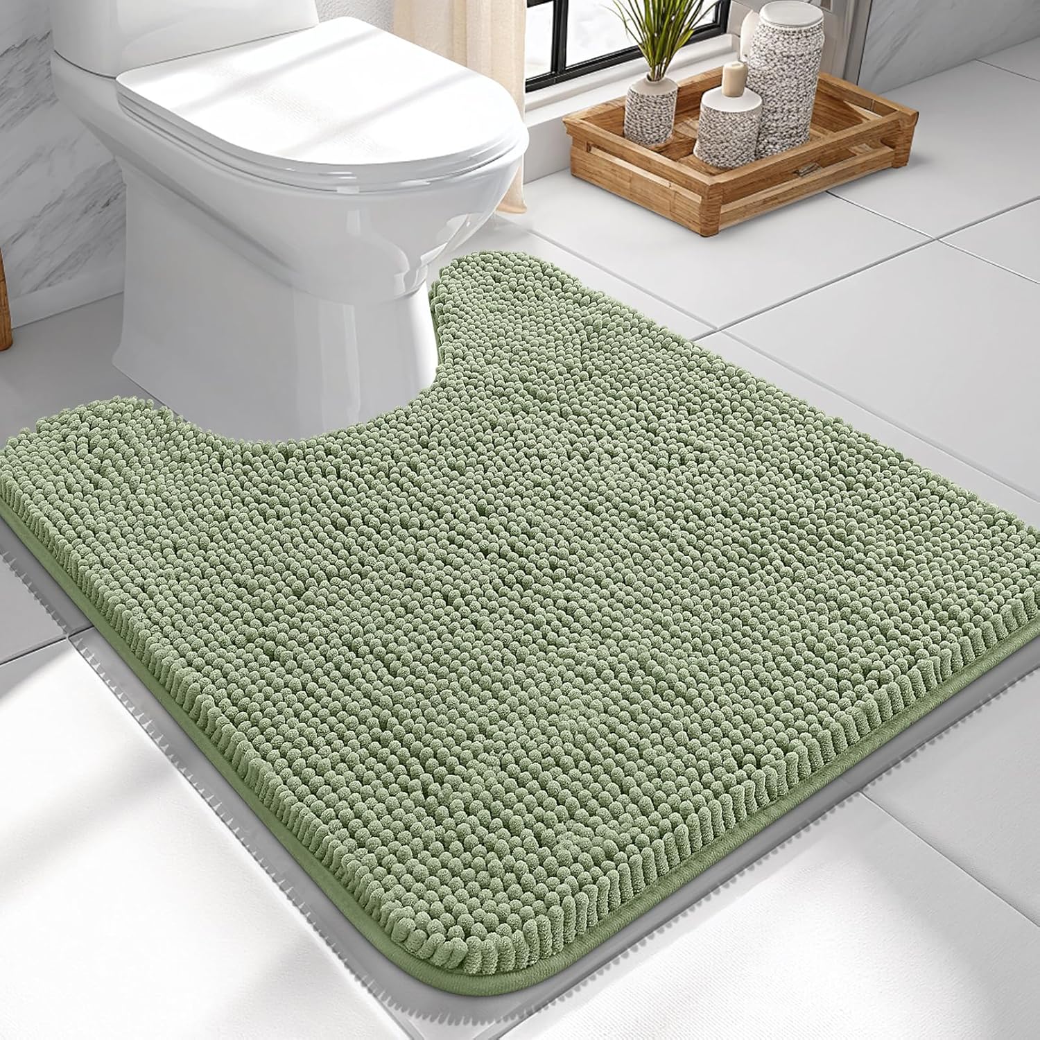 OLANLY U-Shaped Toilet Rugs - Extra Soft Chenille Bathroom Mat, Quick-Dry & Machine Washable, 24x24, Sage Green