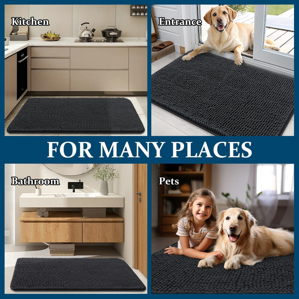 OLANLY Dog Door Mat - Absorbent Non-Slip Chenille Mat for Muddy Paws | 47x24 Inches, Dark Grey