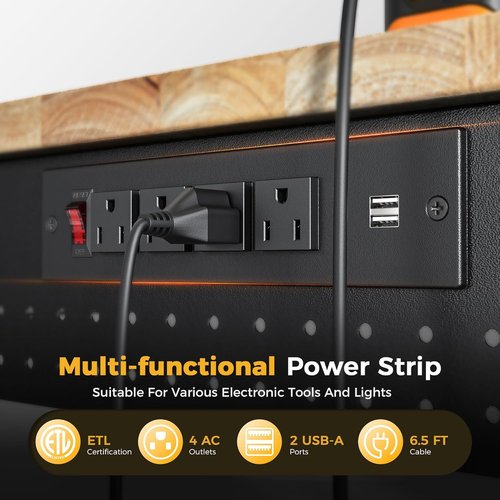 CAMMOO Adjustable Heavy Duty Workbench - 2000 LBS Capacity Rubber Wood Table with Pegboard & Power Outlets | Ideal for Garage, Workshop, Office & Home
