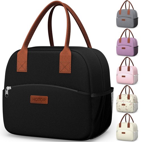 HOTOR Lunch Bag for Women & Men - Wear-Resistant Insulated Lunch Box with Large Capacity, Multi-Functional Cooler Bag for Office, Picnic, Black, 12L, 12.20" x 6.30" x 10.20"