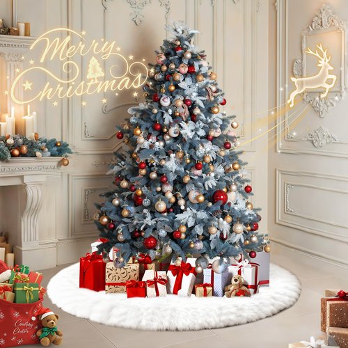 Christmas Tree Skirt, Deluxe 60 Inch Decoration Tree Skirt, White Faux Fur Soft Thick Plush Tree Base Cover, Large Round Area Mat for Home Merry Christmas Holiday Season Party
