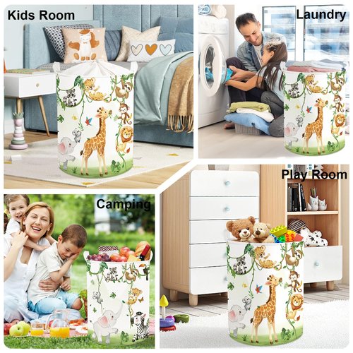 HUUMONSS Giraffes Baby Laundry Hamper with Handle Collapsible Clothes Kids Storage Basket Elephants Boys Girls Gift Toy Box Bin for Nursery Room, White, 63L