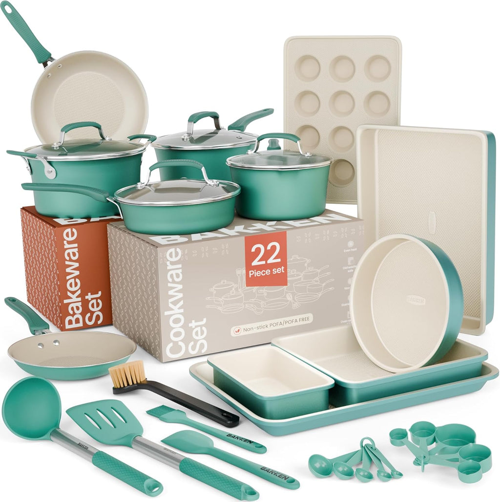 Skiennix 22-Piece Non-Stick Cookware & Bakeware Set - Stackable, Dishwasher Safe, Aqua Color