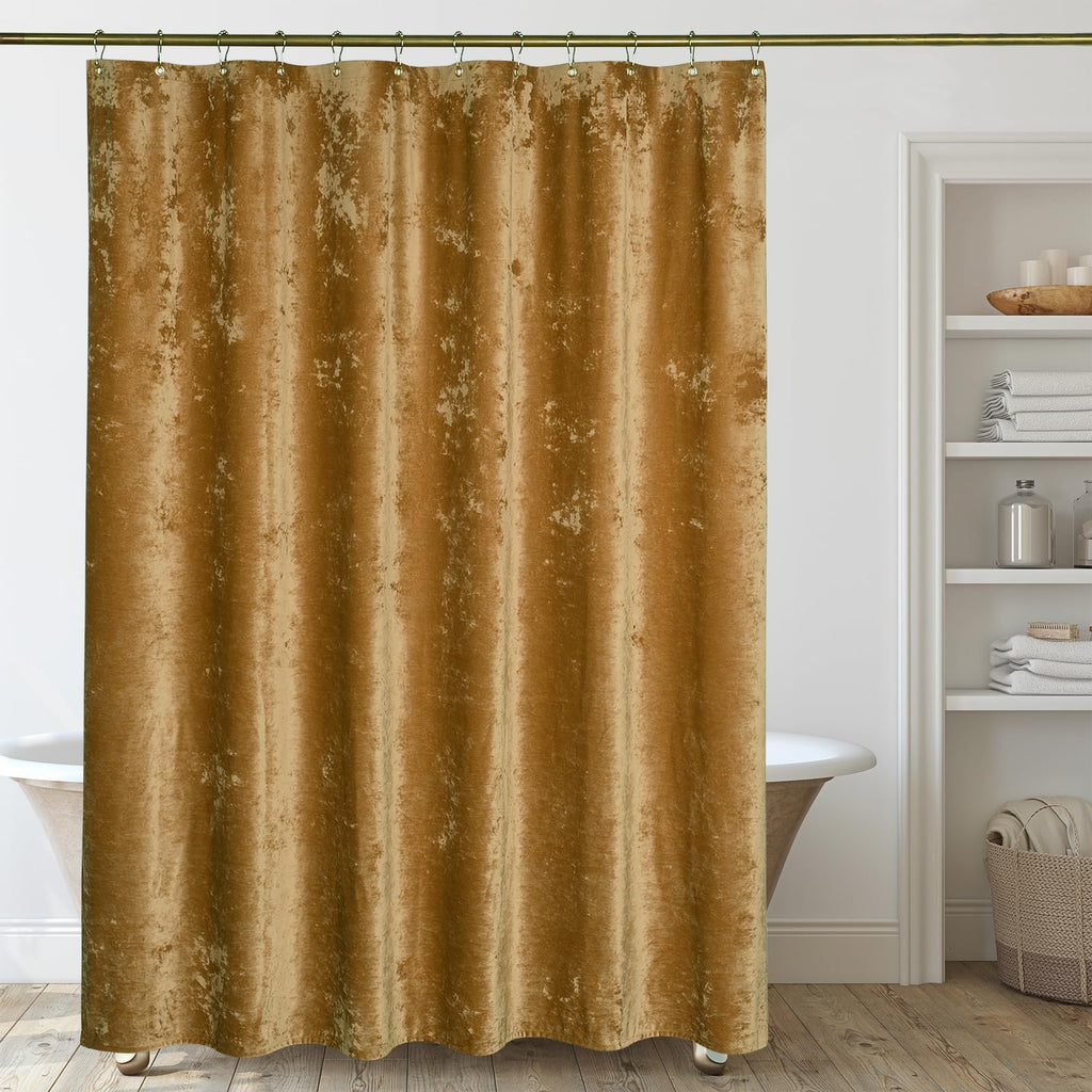 TAMGHO Mustard Gold Shower Curtain for Bathroom, Crushed Velvet Dark Mustard Yellow Shower Curtain with Gold Decro Metal Hooks, Machine Washable Thick Fabric, 72 x 72 inches