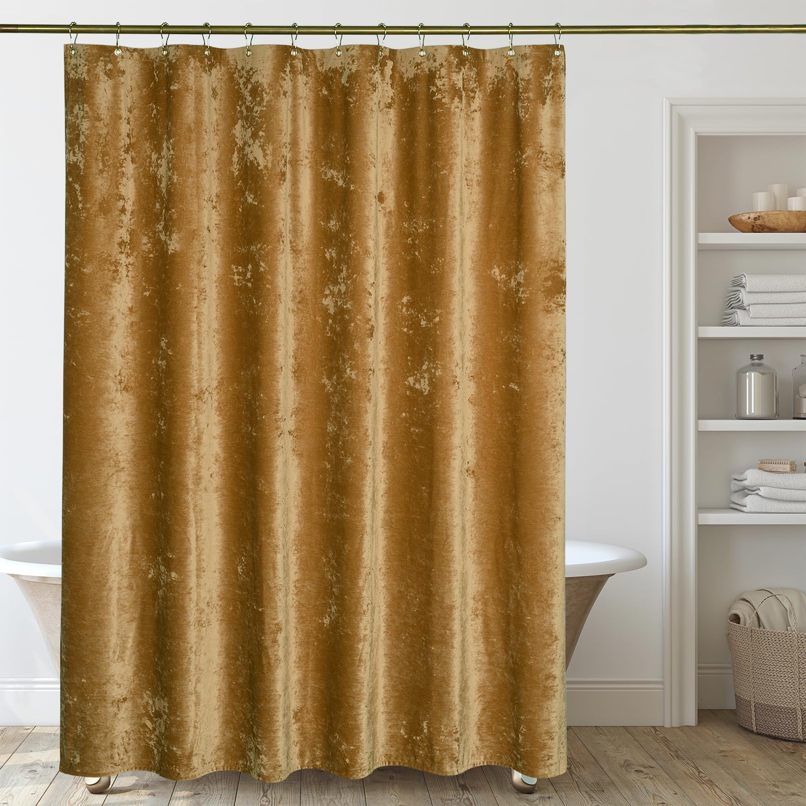 TAMGHO Mustard Gold Shower Curtain for Bathroom, Crushed Velvet Dark Mustard Yellow Shower Curtain with Gold Decro Metal Hooks, Machine Washable Thick Fabric, 72 x 72 inches
