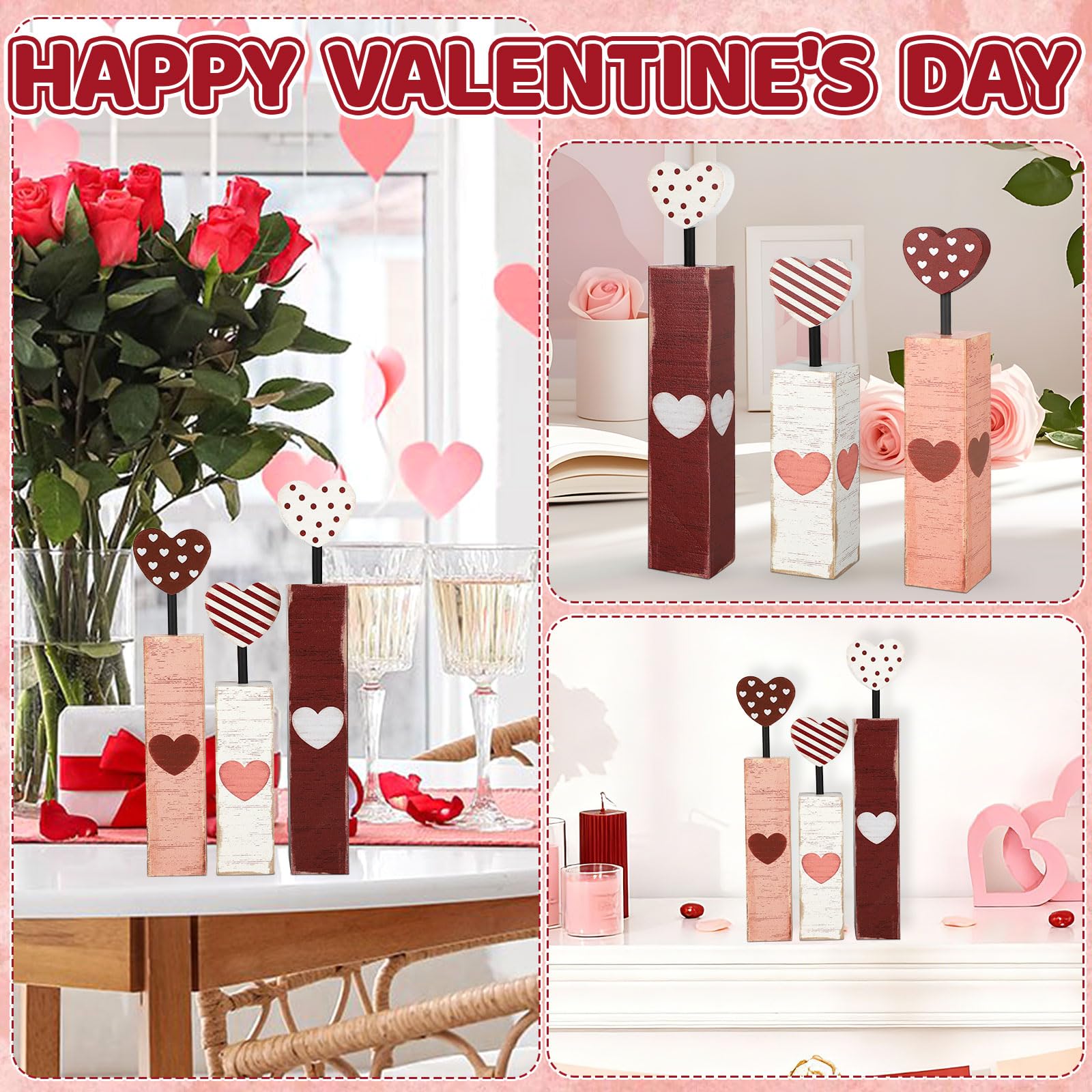 Valentine's Day Table Decorations 3 PCS Red Heart Tiered Tray Decor Wooden Rustic Valentine's Day Decor for Wedding Party Supplies (Candle.A)