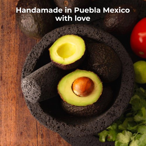 Axcento Molcajete Mexicano 8-Inch Guacamole Bowl with Pestle and Mortar Bowl Set, Volcanic Rock Molcajete, Oven Safe, Handmade in Mexico, Includes Cutting Board and Instructions, 750ml - Black Stone