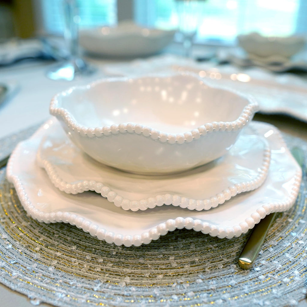 Perlette Off-White Beaded 12-Piece Dinnerware Set – Includes 4 Dinner Plates, 4 Salad Plates, 4 Bowls (7.5" x 2", 22 oz) – Elegant Unbreakable Melamine, Heavyweight, Perfect for Indoor/Outdoor Dining