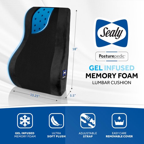 Sealy High Back Memory Foam Lumbar Support Pillow for Office Chair or Gaming Chair, Orthopedic Back Pillow for Car Seat, Black