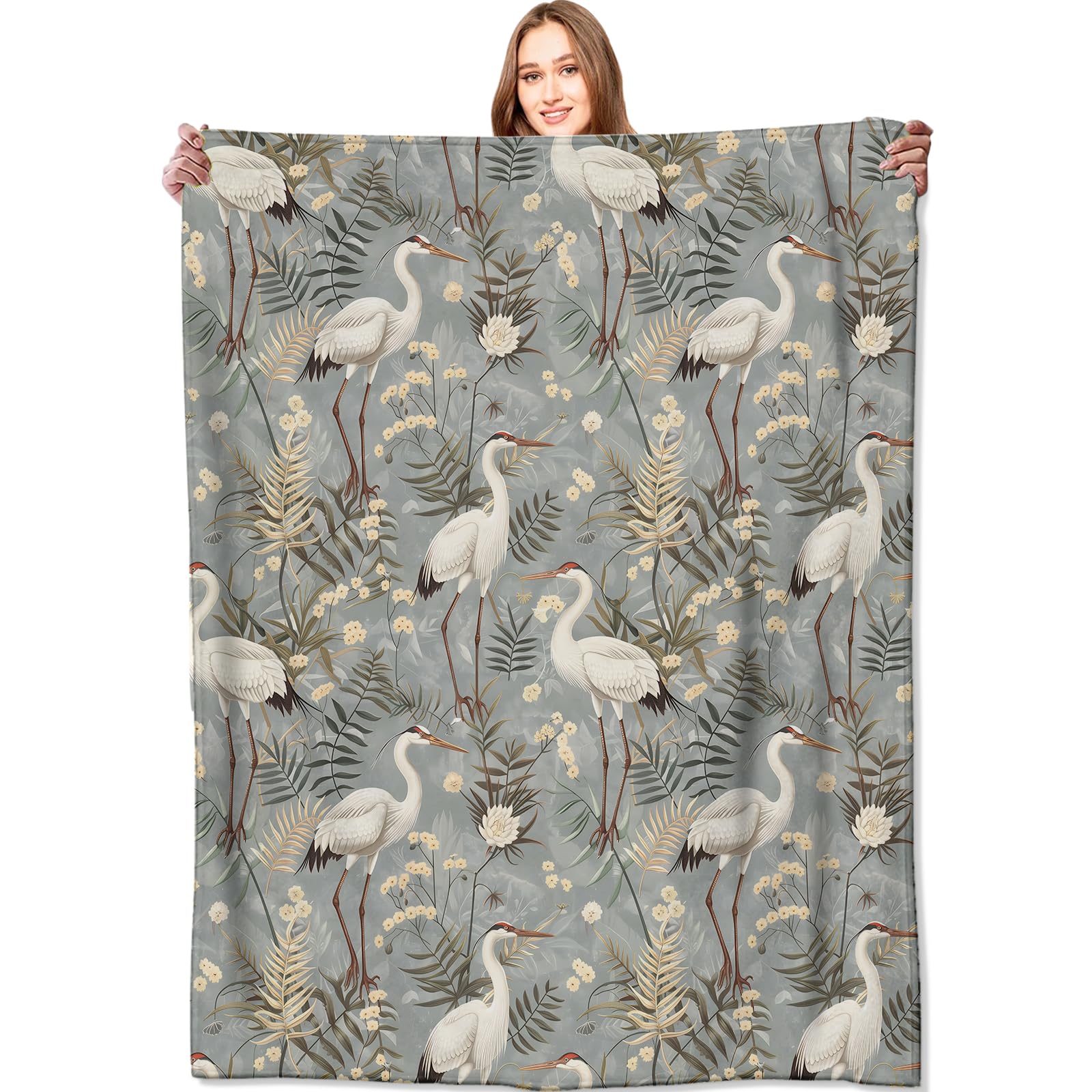VODRM White Crane Blanket Cute Bird and Foliage Throw Blankets,Birthday Gifts for Kids Girls Boys,Lightweight Soft Fleece,Nature Wildlife Lovers,Sofa Couch Bed Room Elegant Decor 50x60in