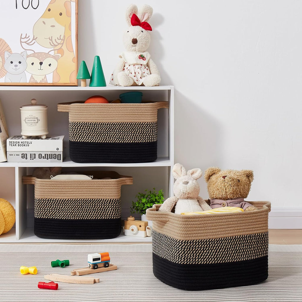 OIASKET Storage Basket - Woven Organizing Bins for Toys, Books & Nursery | Pack of 3 (Black & Brown, 13"x9.85"x8.7")