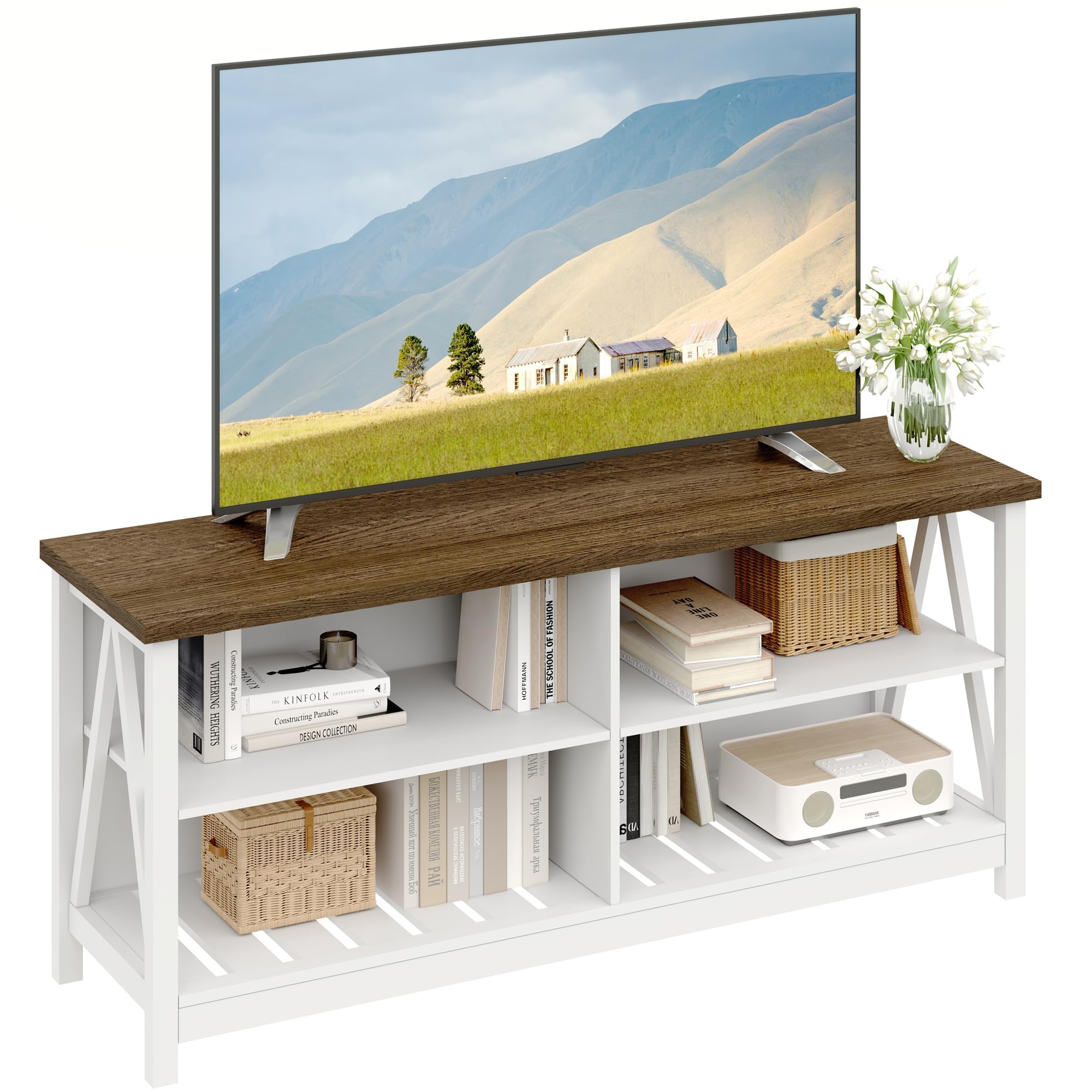 ChooChoo Farmhouse TV Stand for TVs up to 60 Inch, Modern Entertainment Center with 4 Open Shelves & Built-in Cable Holes, Media TV Console for Living Room, Bedroom, White