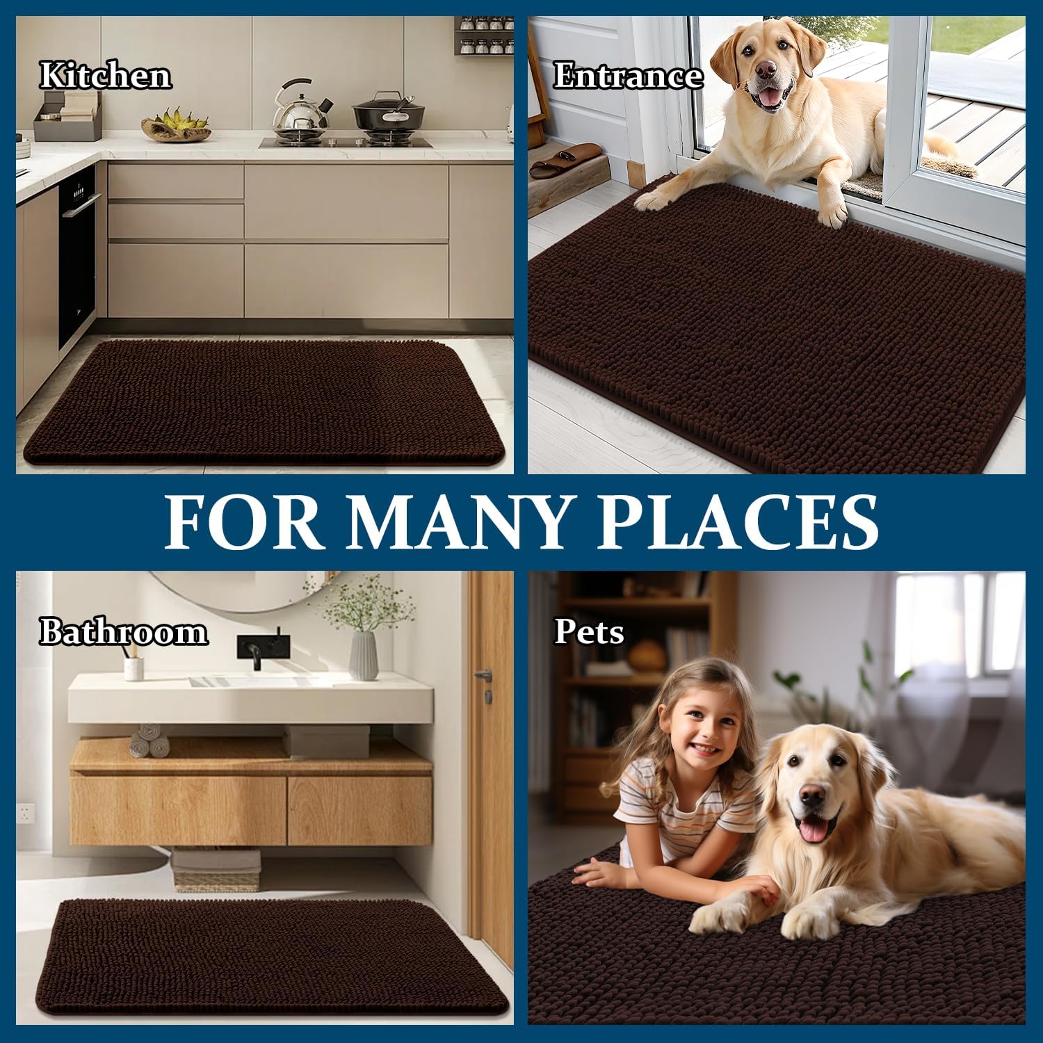 OLANLY Dog Door Mat - Absorbent Non-Slip Mud Mat for Indoor Use | 59x32 Inches, Quick-Dry Chenille, Brown
