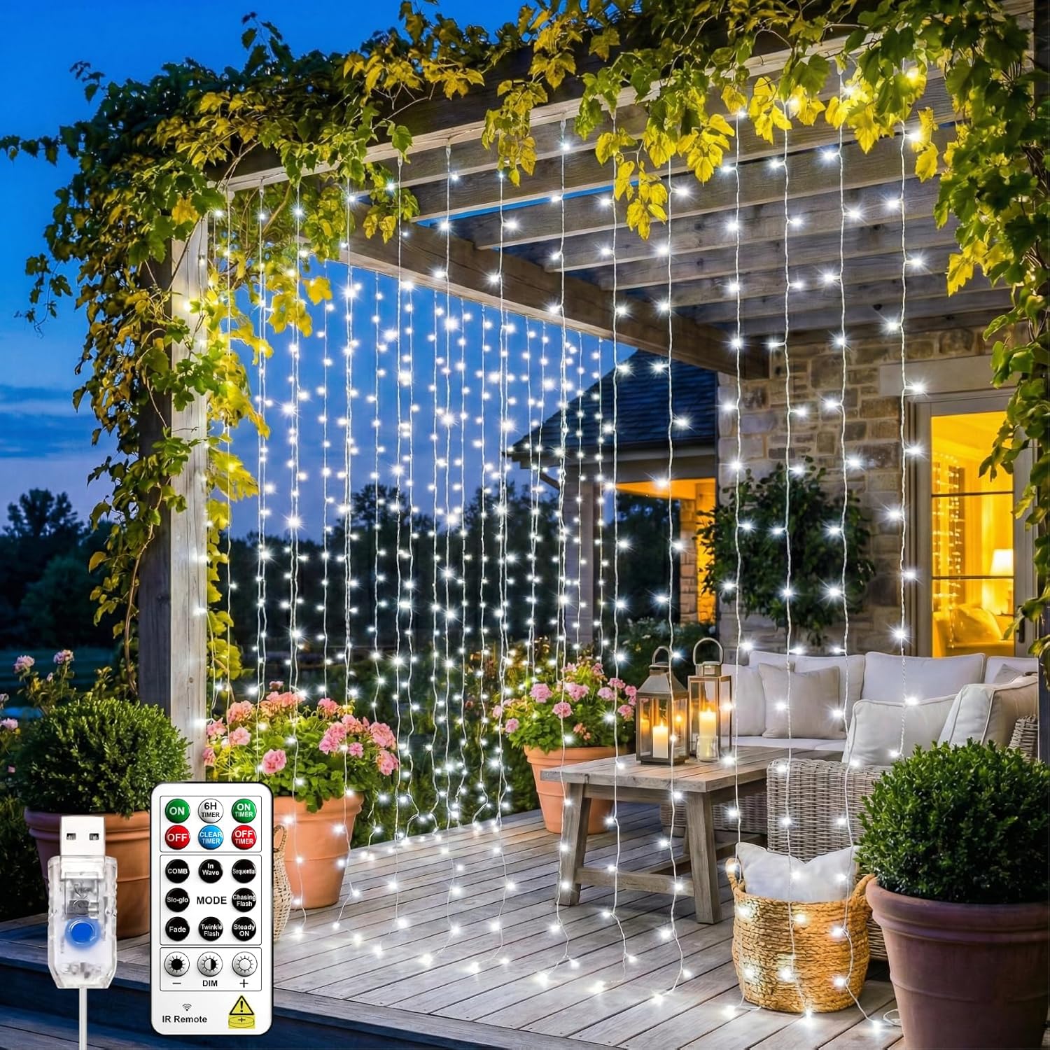 Skiennix Fairy Curtain String Lights - 200 LED White 6.6x6.6ft | 8 Modes Remote Control for Home Decor