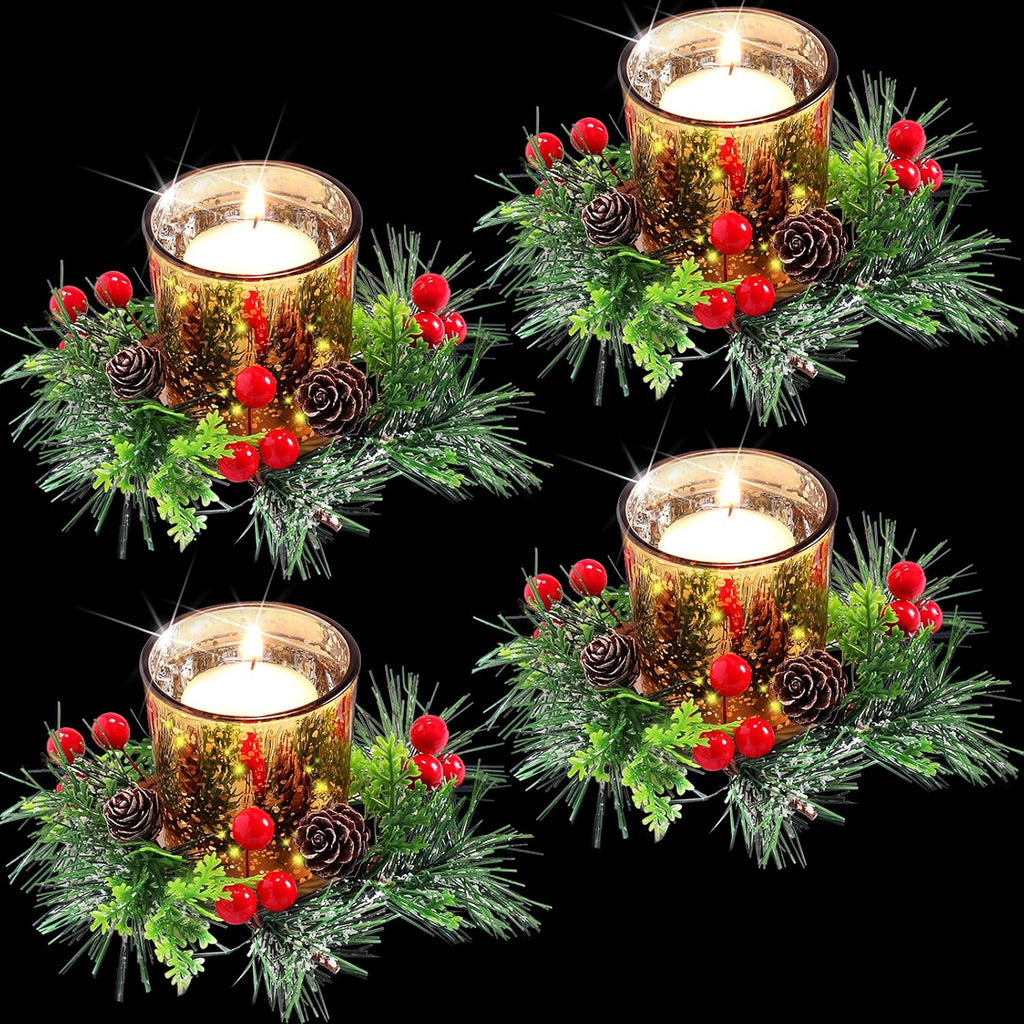 Skylety Christmas Votive Candle Holders - 4 Pack Glass Tealight Holders with Red Berry Wreaths for Holiday Decor