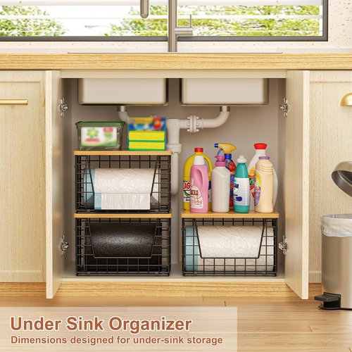 keomaisyto Stackable Wire Baskets, 2-Pack - Kitchen & Pantry Organizers for Potato, Onion Storage, Heavy-Duty Metal Storage Bins for Fruit, Vegetable, Snack, Can