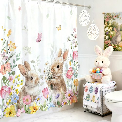 Mocsicka Spring Easter Shower Curtain Funny Cute Bunny Floral Bath Curtain Waterproof Spring Floral Wildflowers Shower Curtain for Bathroom Decor 72 X 72 Inch
