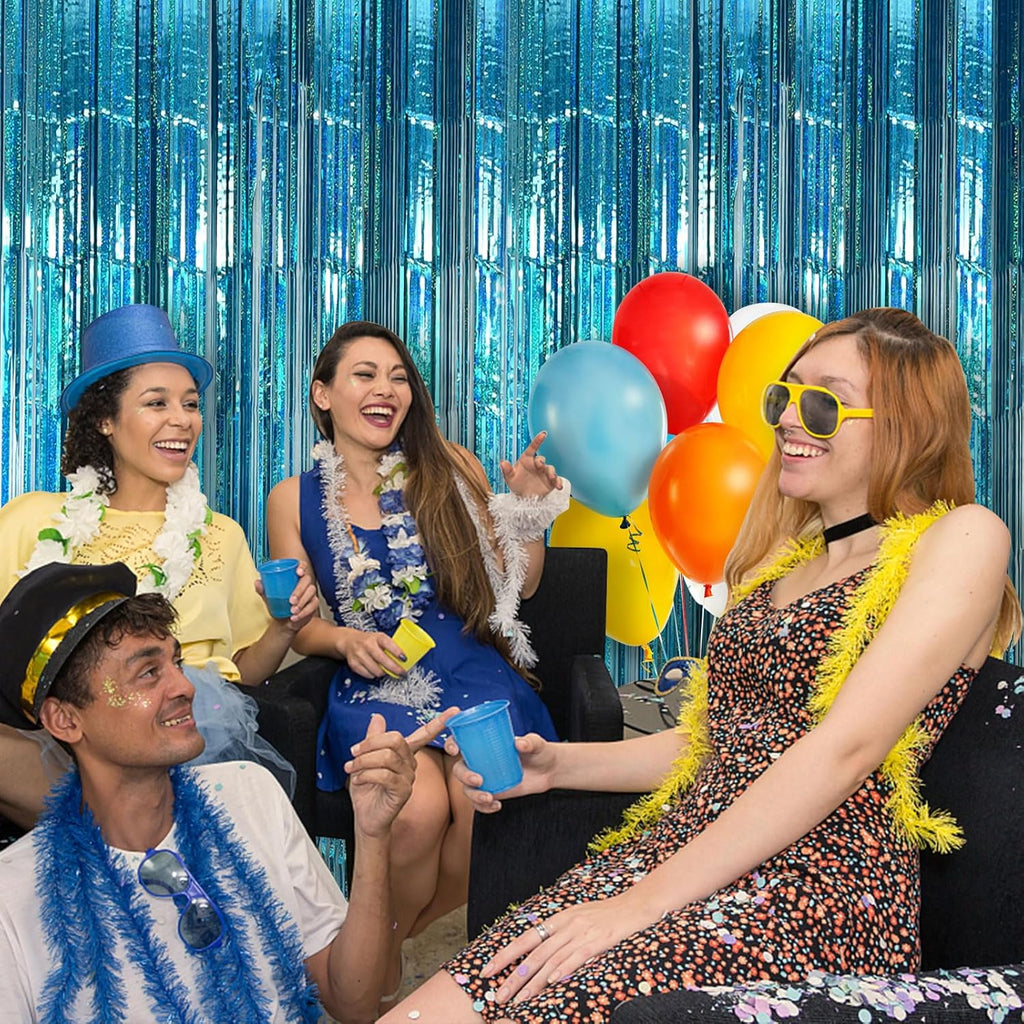 Skiennix Blue Party Backdrop Curtains - Metallic Tinsel Foil Fringe | Ocean-Themed Decor for Events