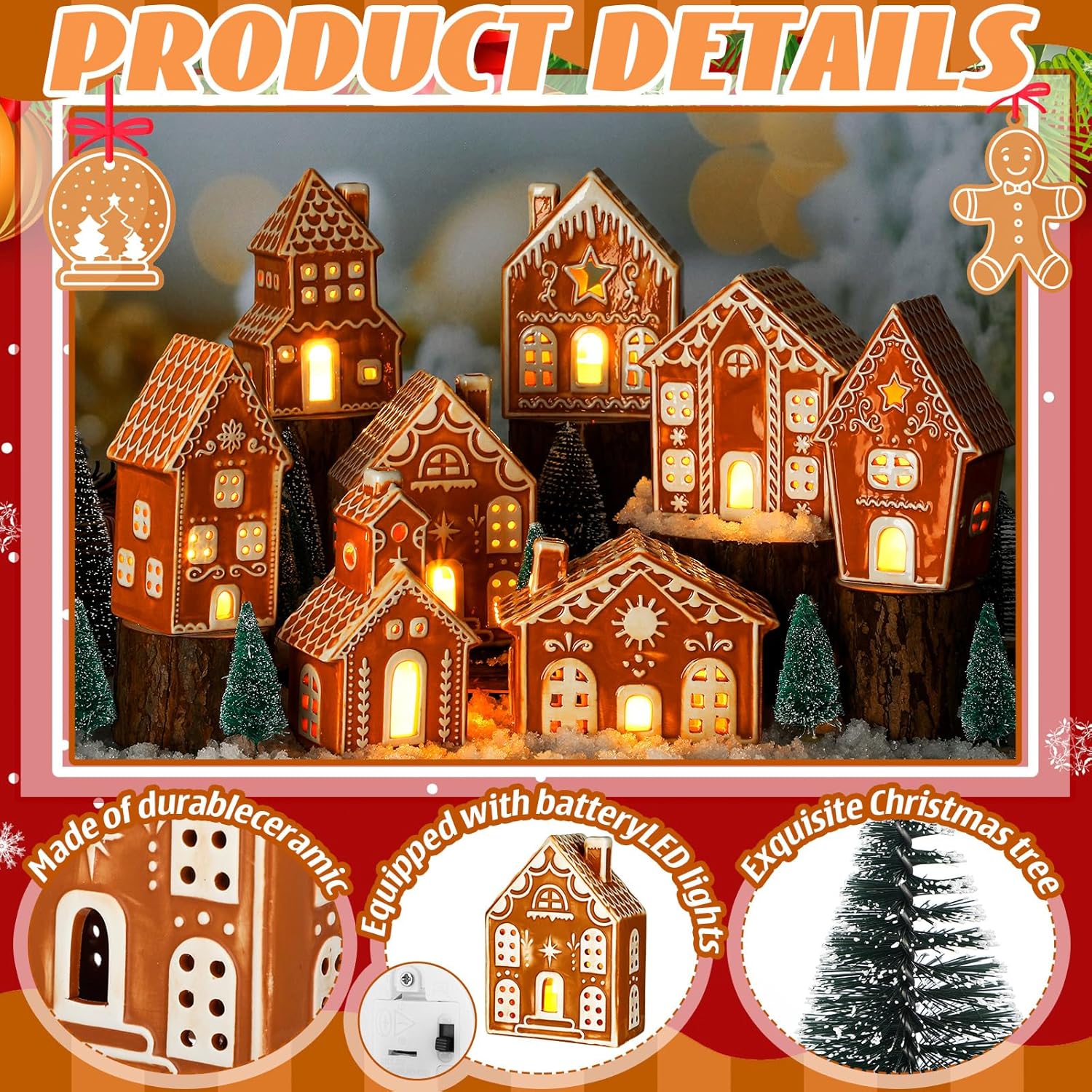 WILLBOND 29 PCS LED Gingerbread Christmas Village Set - Lighted Ceramic Houses & Trees | Remote Control Decor