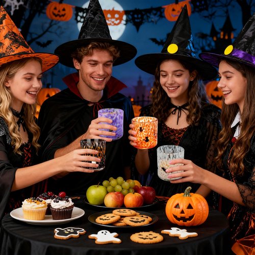 Kimburg 4 Pcs Halloween Icon Glass Cups, 16 oz Ghost, Bat, Wizard Hat, Cat Icon Juice Drinking Fall Glasses, Cute Glass Water Cups Coffee Tumblers Wine Glassware for Thanksgiving Birthday Party Gift