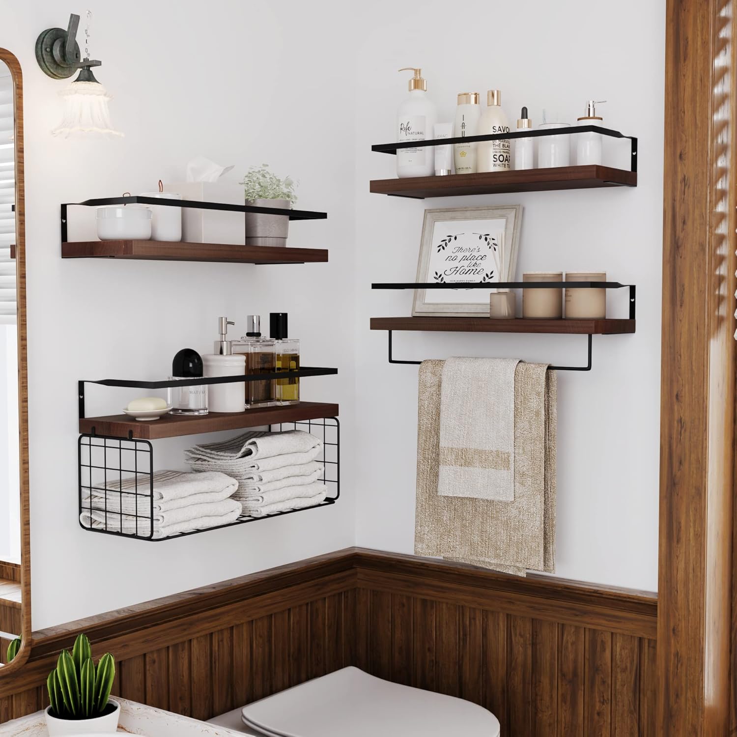 Wood Floating Shelves by [Brand Name] - Rustic Wall-Mounted 4-Tier Bathroom Shelf Set with Basket & Towel Bar