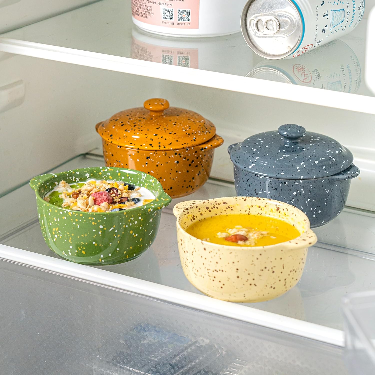 Skiennix Mini Ceramic Casserole Dishes - Oven-Safe 10 Oz Ramekins with Lids & Handles | Green 4-Pack