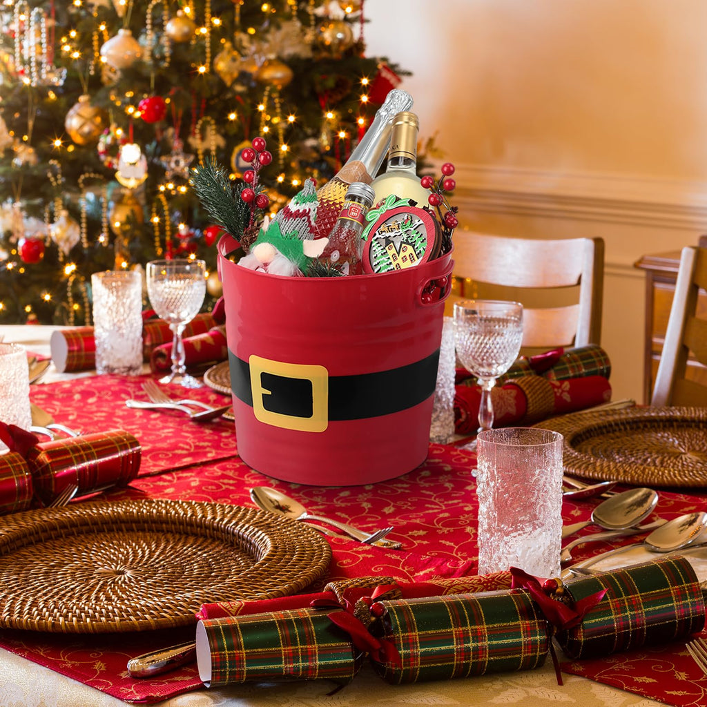 Sliner 8 Pack Empty Christmas Plastic Buckets with Handles Red Santa Belt Round Basket Multi Purpose Container Christmas Decorations Candy Bars Vase Toy Baskets for Christmas Winter