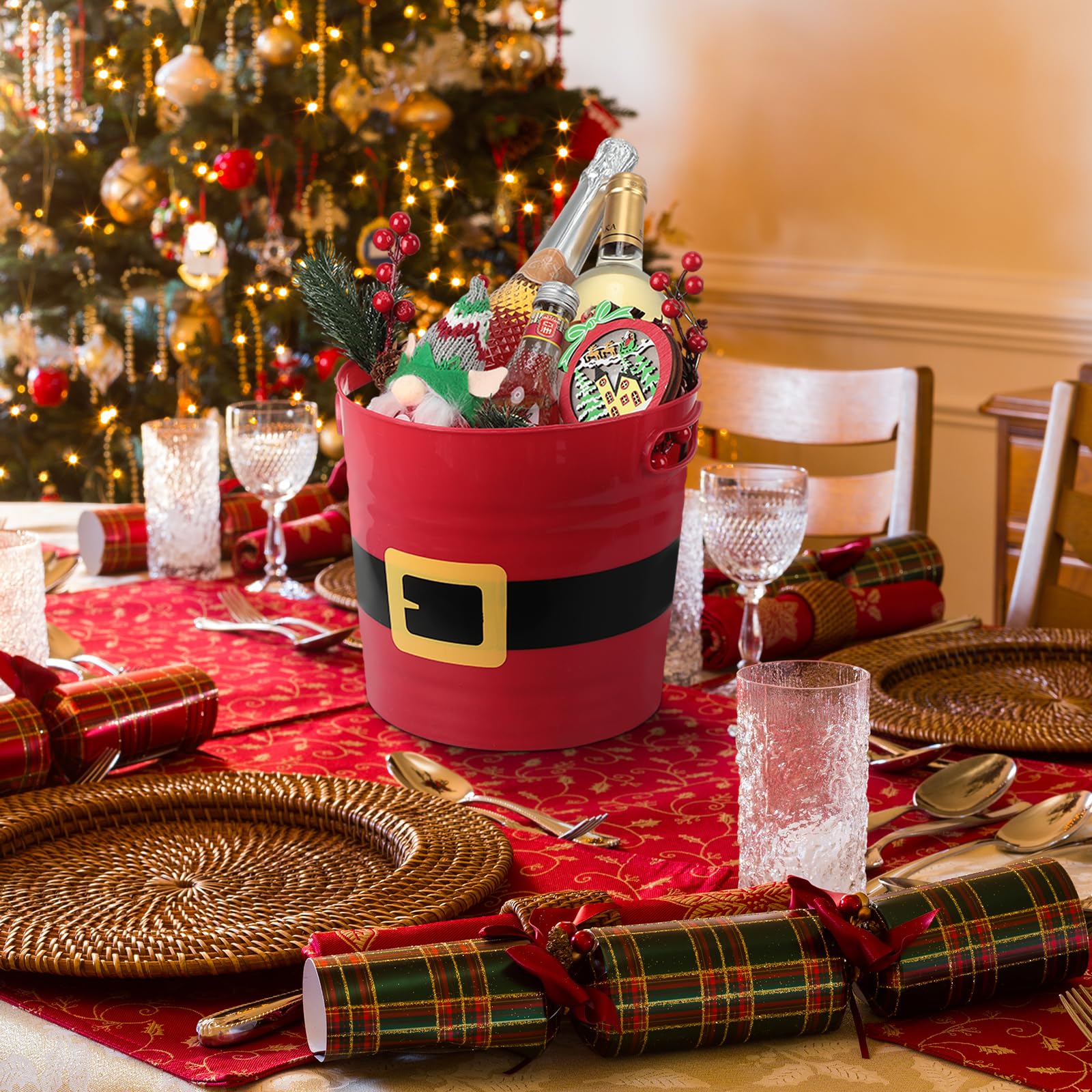 Sliner 8 Pack Empty Christmas Plastic Buckets with Handles Red Santa Belt Round Basket Multi Purpose Container Christmas Decorations Candy Bars Vase Toy Baskets for Christmas Winter