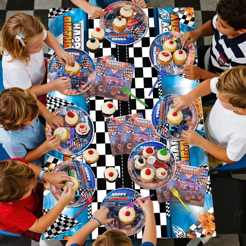 Monster Truck Birthday Decorations Kit - 97 Pcs Machines Jam Party Supplies for Boys Serves 24 Guests, Including Plates, Napkins, Forks & Tablecloth - Perfect for Monster Truck Themed Decor