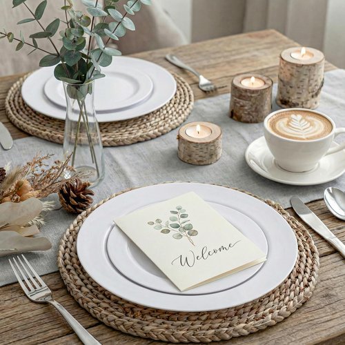 KIRE 120PCS White Plastic Plates - Heavy Duty White Disposable Plates for Party/Wedding - Include 60Pieces 10.25inch Dinner Plates - 60Pieces 7.5inch Dessert/Salad Plates