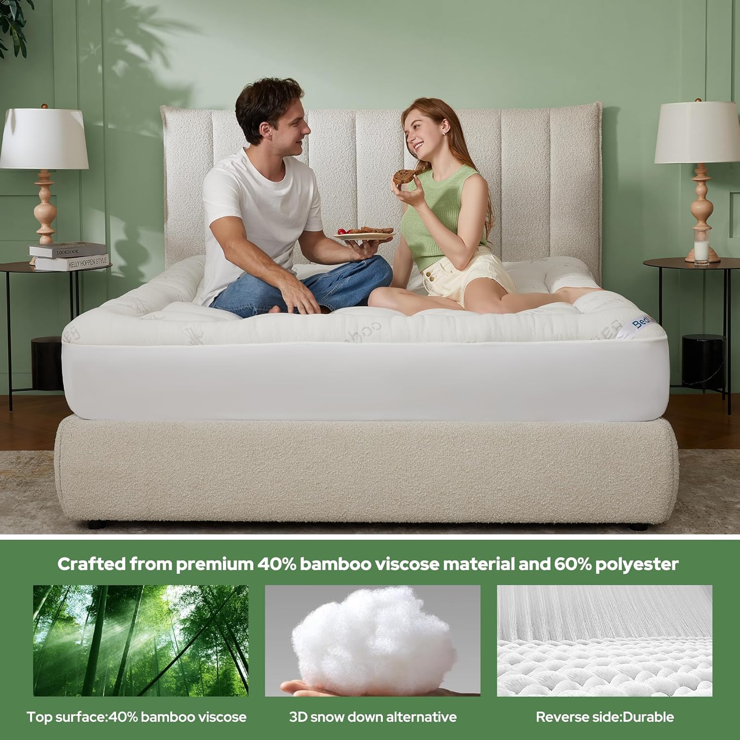 BEDLORE Twin Mattress Topper - Soft Bamboo Viscose Pillow Top for Back Pain Relief | Fits 6-15 Inch Mattresses