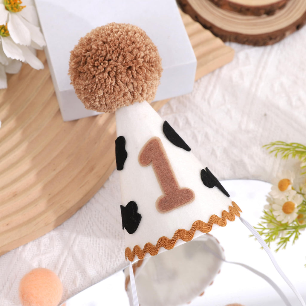 MAMUXI Cow Print 1st Birthday Hat - Cowboy One Birthday Decorations, My First Rodeo Party Cone Hat, Little Cowboy Smash Cake Photo Props, Western Farm Cow Party Cap (Cowboy Birthday Hat)